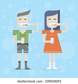 a boy and a girl brushing her teeth