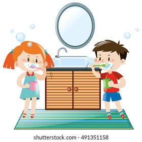 Boy Girl Brushing Teeth Bathroom Illustration Stock Vector (royalty 