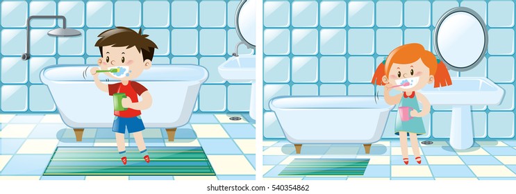 Boy and girl brushing teeth in bathroom illustration