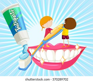 Boy and girl brushing teeth illustration