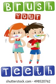 Boy and girl brushing teeth illustration