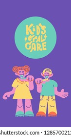 Boy and girl brushing teeth scene.
Kids oral care vector set. Dental hygiene for child illustration.Social media photo frame. Template for stories mobile interface, ui, app, web. Vector illustration. 