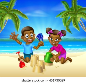 Boy and Girl with bucket and spade building sandcastles in the sand on a tropical beach with palm trees