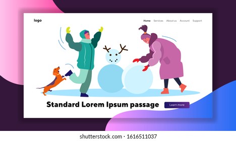 Boy and girl building snowman. Children and their dog playing outside flat vector illustration. Winter outdoor activities concept for banner, website design or landing web page