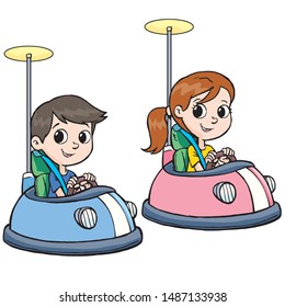 boy and girl in bumper cars in an amusement park