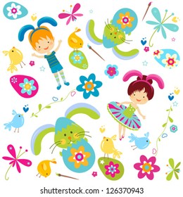 boy and girl in bunny costume painting the easter eggs