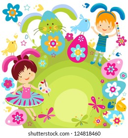 boy and girl in bunny costume ready to ornate the easter eggs