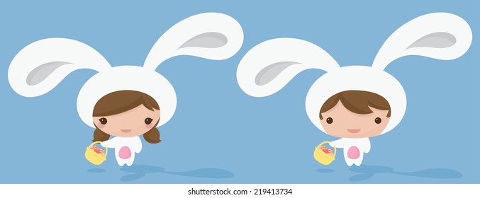 Boy and girl in bunny costumes. 