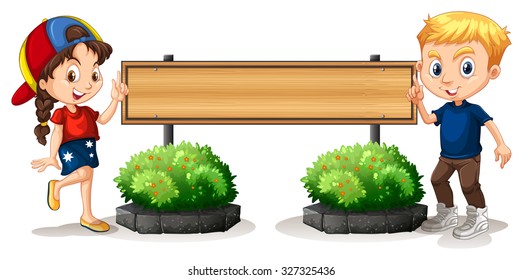 Boy and girl by the wooden board illustration