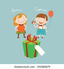 Boy and girl with cake and gift vector Illustration