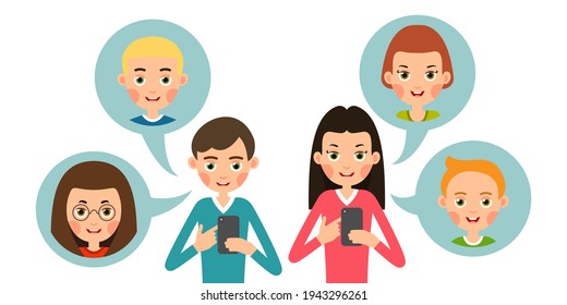 Boy and girl calling your friends. Cartoon man and woman talking on the phone. Using mobile handset. Modern means of Internet communication. Illustration isolated on white background in flat style.
