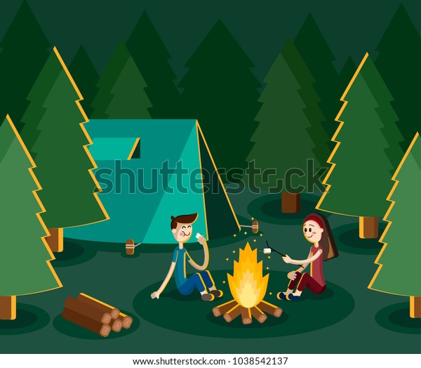 Boy and girl camping in the\
forest by the campfire. Couple camping. Vector flat\
illustration
