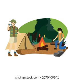 Boy and Girl are camping in the forest,bird watching,recreation Tourism, Vector Illustration.