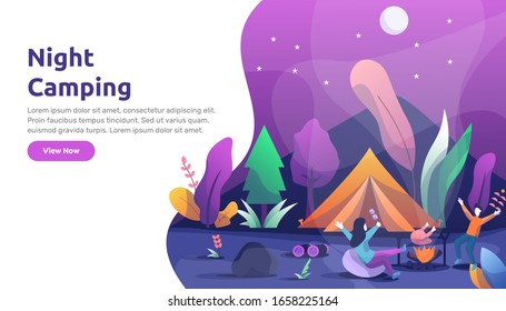 A boy and girl camping at night. With colorfull background. Use flat illustration style. Explore your journey in your holiday.