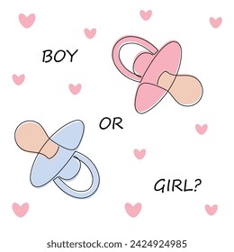 Boy or girl card with pacifier drawn in one continuous line. One line drawing, minimalism. Vector illustration.