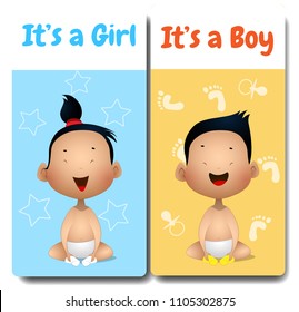 It's a boy and It's a girl cards. Hello baby card. Asian children. Vector invitation cards