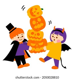 Boy and girl carrying a pile of pumpkins.