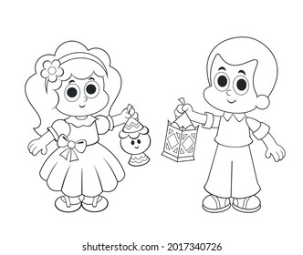 boy and girl carrying Ramadan  kareem Lanterns  , coloring page 
