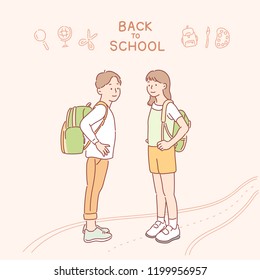 A boy and a girl are carrying school backpacks together. hand drawn style vector design illustrations.