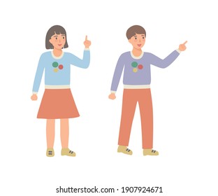 Boy and girl cartoon characters. Schoolgirl pointing. Two students vector illustration.