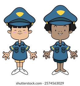 Boy and girl cartoon characters wearing police officer costume and playing. Best for sticker, logo, and mascot with profession themes for kids