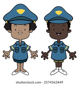 Boy and girl cartoon characters wearing police officer costume and playing. Best for sticker, logo, and mascot with profession themes for kids