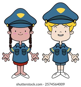 Boy and girl cartoon characters wearing police officer costume and playing. Best for sticker, logo, and mascot with profession themes for kids