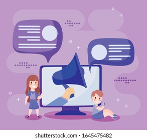Dibujo de niños y niñas con diseño de computadoras, comunicación multimedia comunicación social marketing digital web y conexión tema Vector ilustración