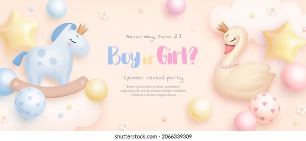 Boy or Girl. Cartoon gender reveal invitation template. Horizontal banner with realistic swan, horse, helium balloons and flowers. Vector illustration