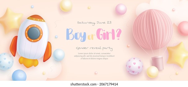 Boy or Girl. Cartoon gender reveal invitation template. Horizontal banner with realistic rocket, hot air balloon, helium balloons and flowers. Vector illustration