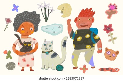 Boy, girl, cat, flowers watercolor characters isolated on white background. kid art. concept of child