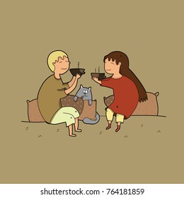 boy and girl and cat vector tea
