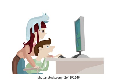 Boy, Girl And Cat Watch Something Via Computer, Vector Illustration, Horizontal, Colored, Isolated On White.