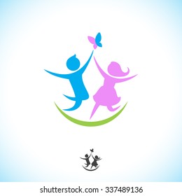 Boy and girl caught a butterfly. Abstract illustration of logo template happy children.