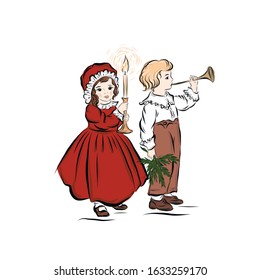Boy and girl celebrate Christmas. Girl dressed in red ball gown holds candlestick with burning candle. Boy play in trumpet music. Children in folk costumes. 