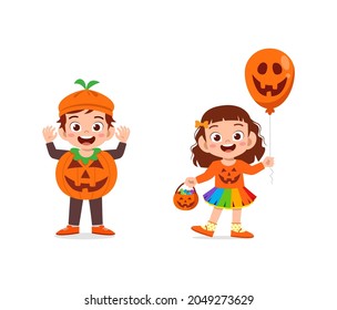 boy and girl celebrate halloween wear pumpkin costume
