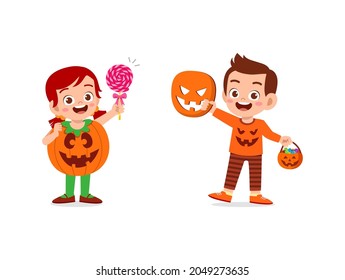 boy and girl celebrate halloween wear pumpkin costume