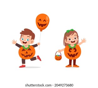 boy and girl celebrate halloween wear pumpkin costume