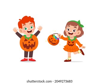 boy and girl celebrate halloween wear pumpkin costume