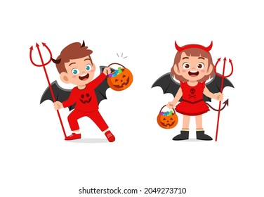 boy and girl celebrate halloween wear devil costume