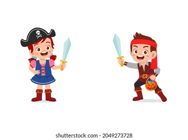 boy and girl celebrate halloween wear pirate costume