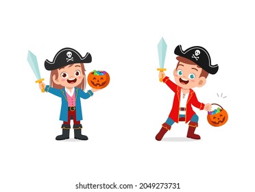 Boy And Girl Celebrate Halloween Wear Pirate Costume