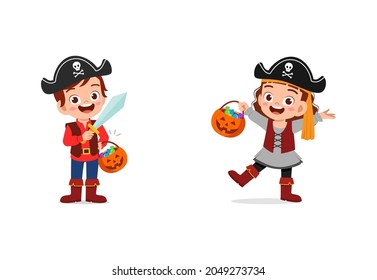 boy and girl celebrate halloween wear pirate costume