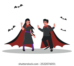 Niño y niña celebran disfraz de vampiro de Halloween. Ilustración vectorial.