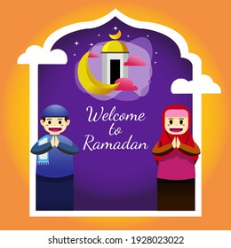 boy and girl celebrating ramadan. cute background, trendy poster, greeting card, ramadan kareem invitation. arabic tradition. religious holiday. mosque decoration mubarak with moon ornament.