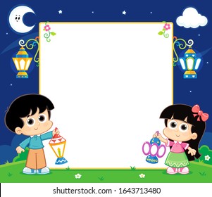 boy and girl Celebrating Ramadan kareem 
 and carrying Lanterns and between them an empty white board 