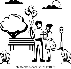 Boy and Girl celebrating vector design, special anniversary events card, Cheers to another year banner, indoor Party People scene illustration, Couple Spending time together at public park concept