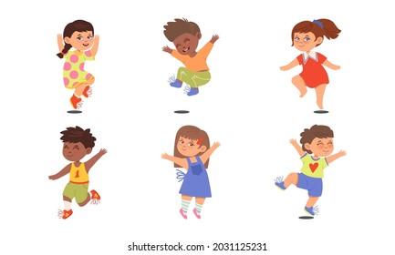 Boy and Girl Character Jumping with Joy and Excitement Vector Illustration Set