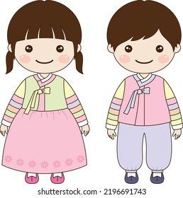 boy and girl character with korean traditional hanbok of chuseok, seollal and new year.