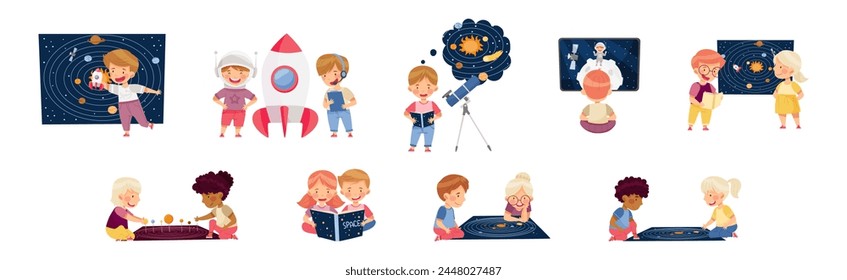 Boy and Girl Character Study Space and Galaxy Examine Solar System Vector Set